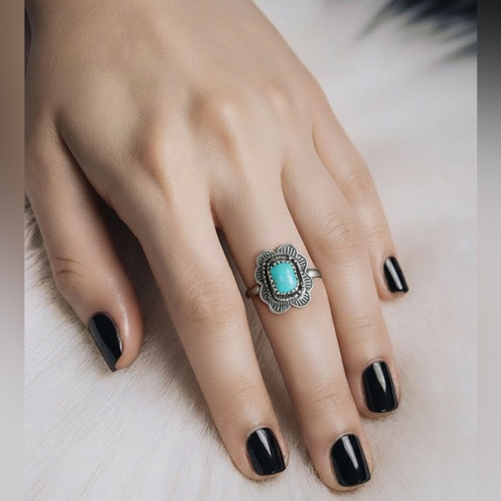 Stunning Made in USA Genuine Turquoise and Sterling 925 Silver Adjustable Ring